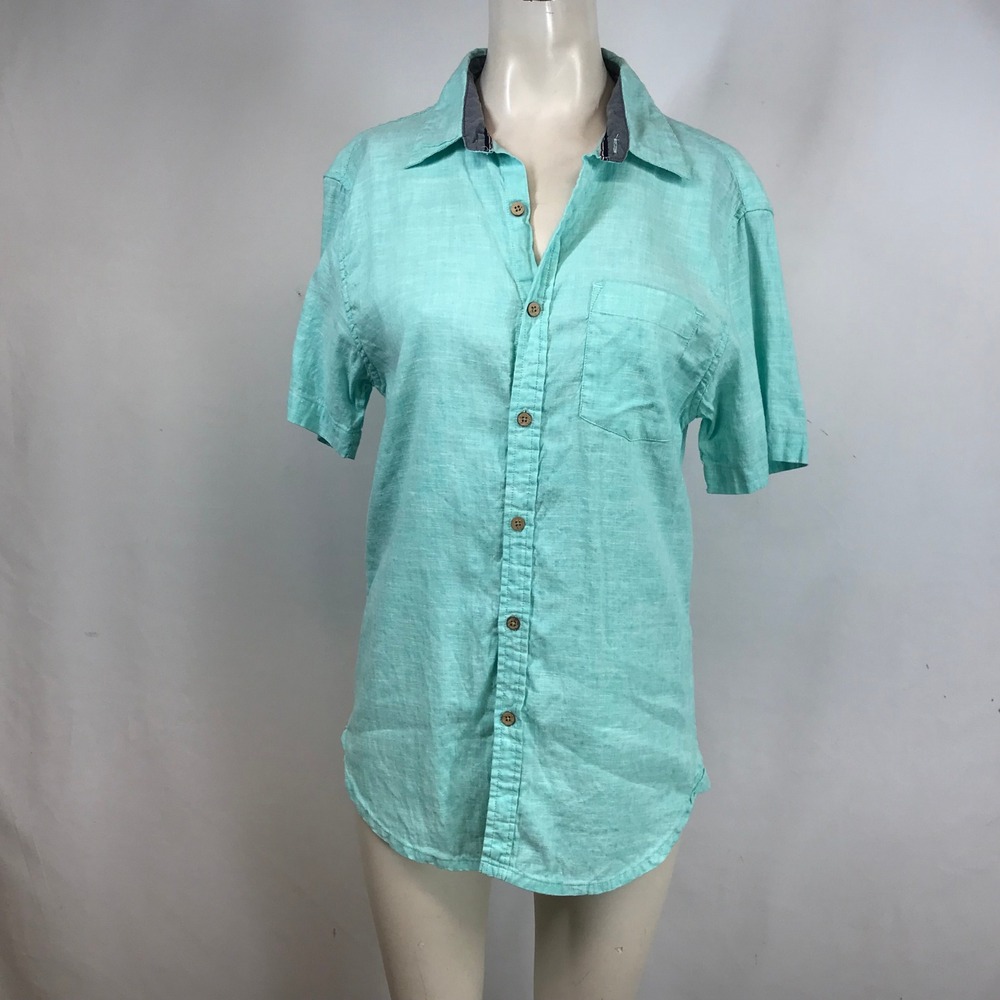 Rebel James & Charli Men Medium Mint Green Linen Cotton Short Sleeve Button Down